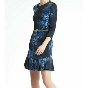 BANANA REPUBLIC Women’s Floral 3/4 Sleeve Peplum Ruffle Hem Dress In Blue-SZ 0